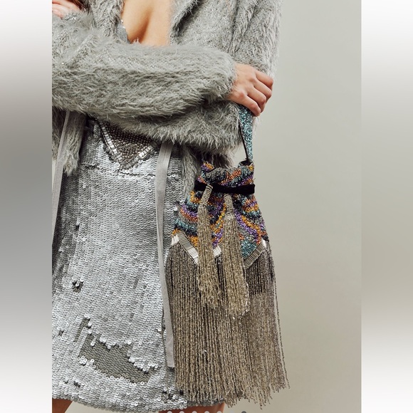 NWOT Free People Razzle Dazzle Beaded Fringe Clutch Handbag in Kaleidoscope - Picture 2 of 11